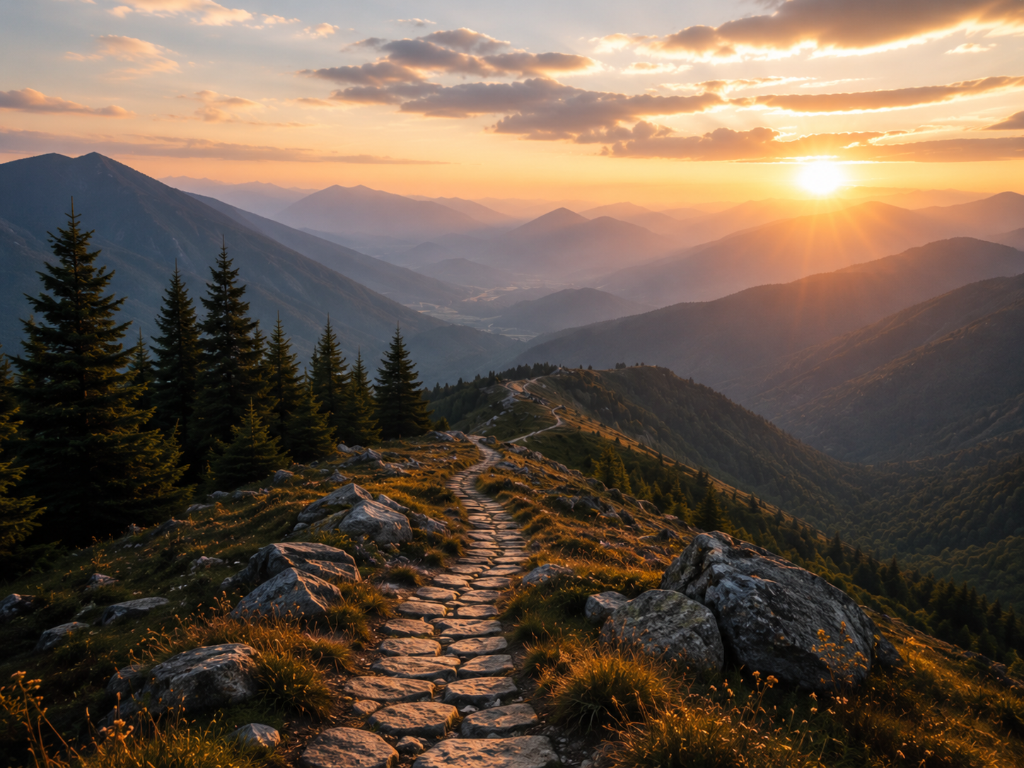 A stone path winding along a mountain ridge toward a sunset over distant peaks