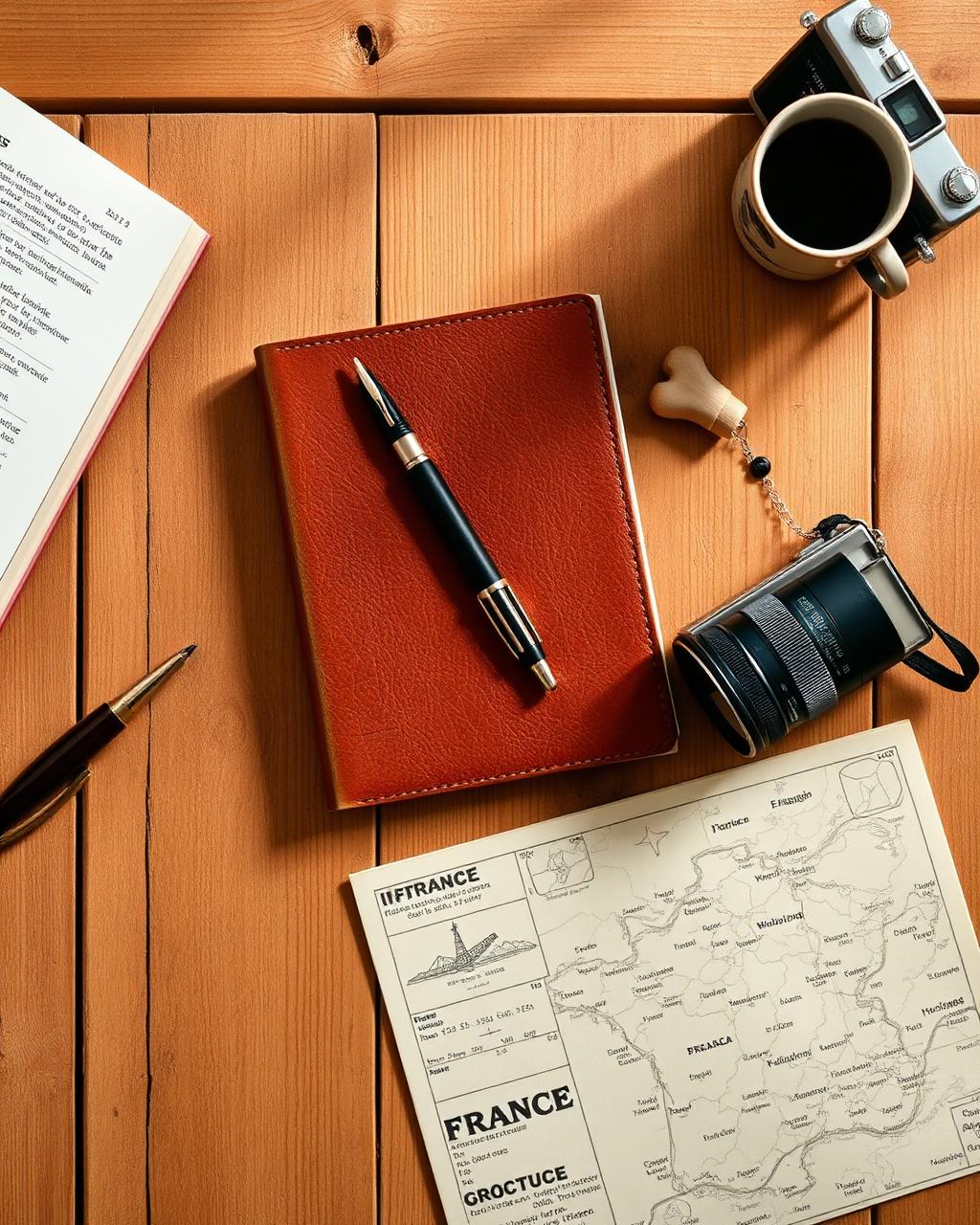 Overhead view of a leather journal, fountain pen, film camera and folded map of France