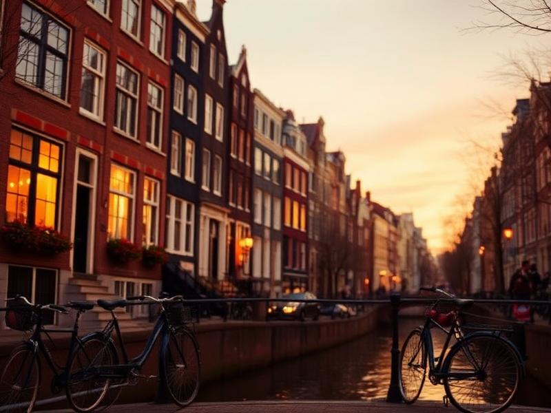 Amsterdam canal houses at dusk with bicycles and warm window light