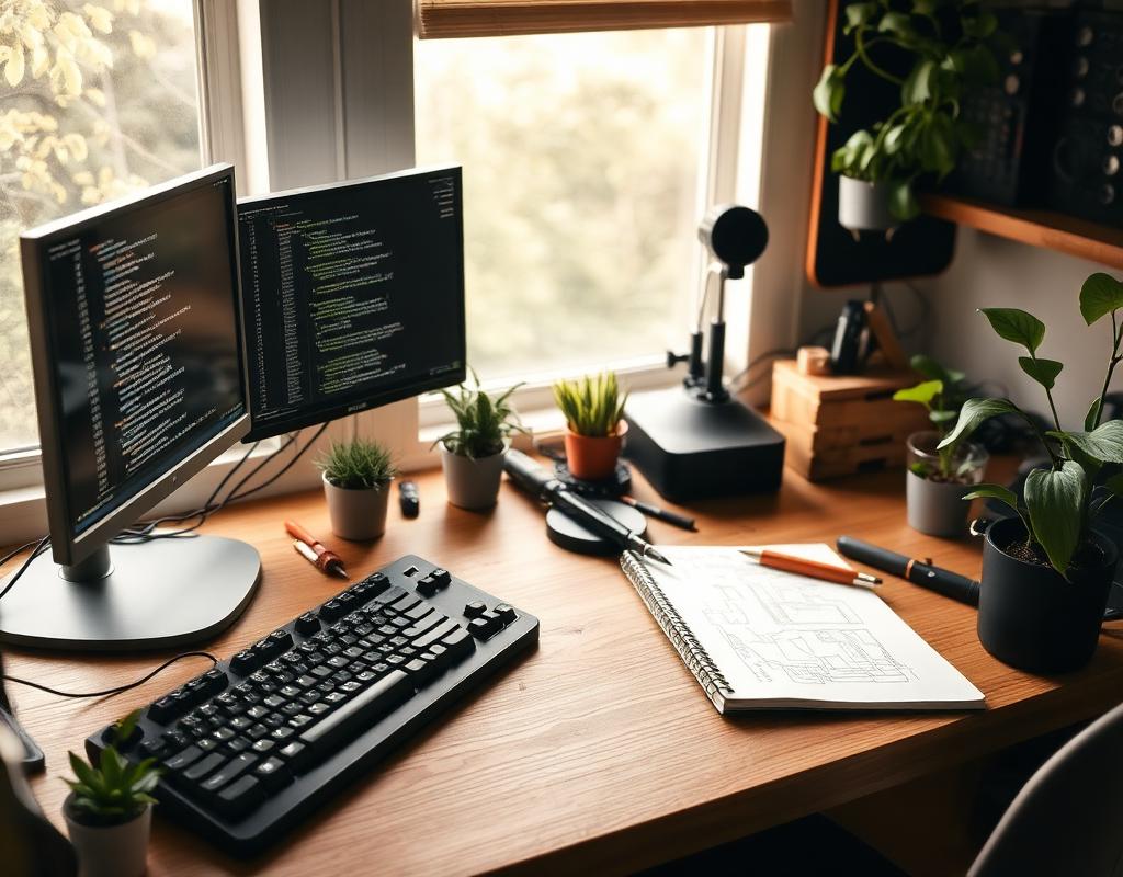 A maker's desk with code on screen, sketchbook, and plants in window light