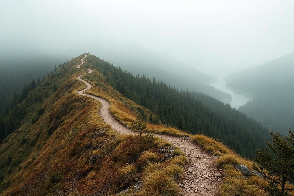 Misty hiking trail through green mountains